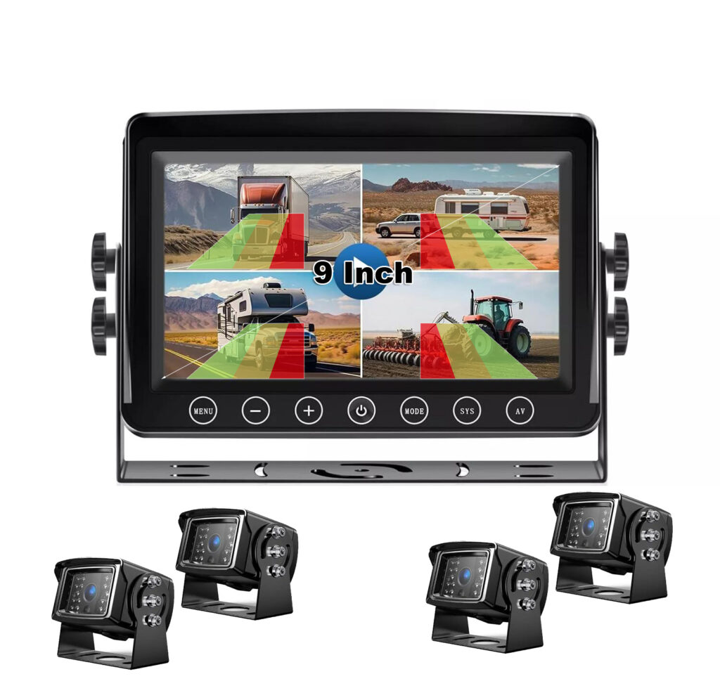 AHD 9" DVR Monitor with 4ch Blind Spot BSD Alarm System 4 AHD 1080P Rear View Reverse Camera 12-36V for Truck Bus RV Tanker
