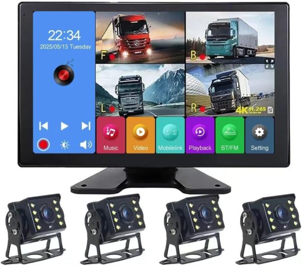 4K RV Backup Camera System — 10.1" Quad Split Touchscreen Monitor with 4x 1080P Night Vision Cameras, Bluetooth Music & DVR Recording for RV, Truck, Trailer & Van